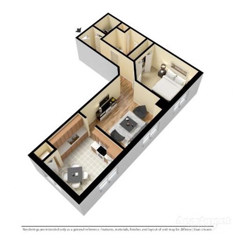 3d floorplan of a 1-bedroom 1-bathroom unit